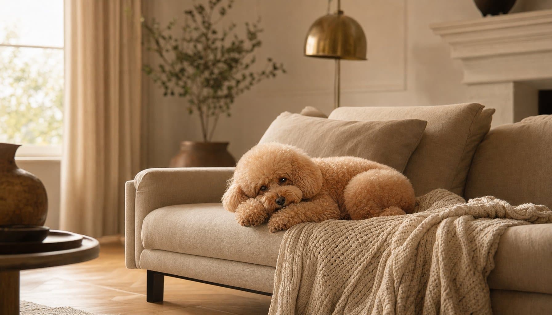 Unser Maskottchen: ein Pudel, der es sich auf dem Sofa gemütlich macht
